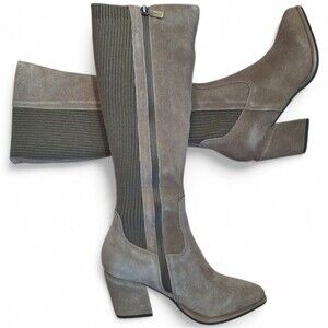 Blondo Taupe Knee-High Suede Block Heel Boots Knit Stretc Calf Waterproof Sz 7.5